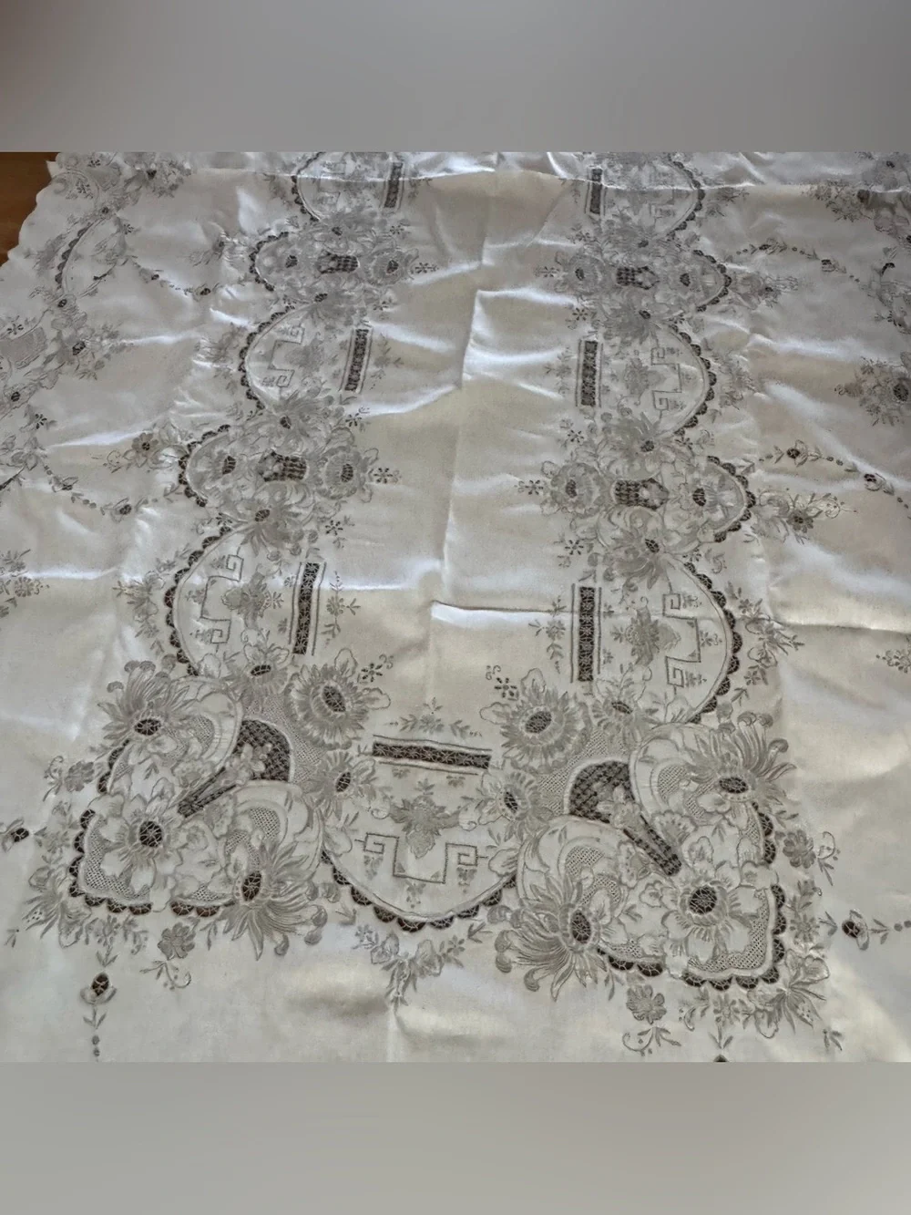 Vintage White Embroidered Cutwork Tablecloth 131” x 63” Floral Scalloped